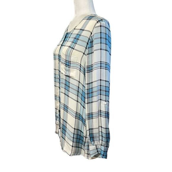 Joie Silk Shirt Medium Multi Color Plaid Buttons Up Roll Tab Sleeves - Picture 8 of 15